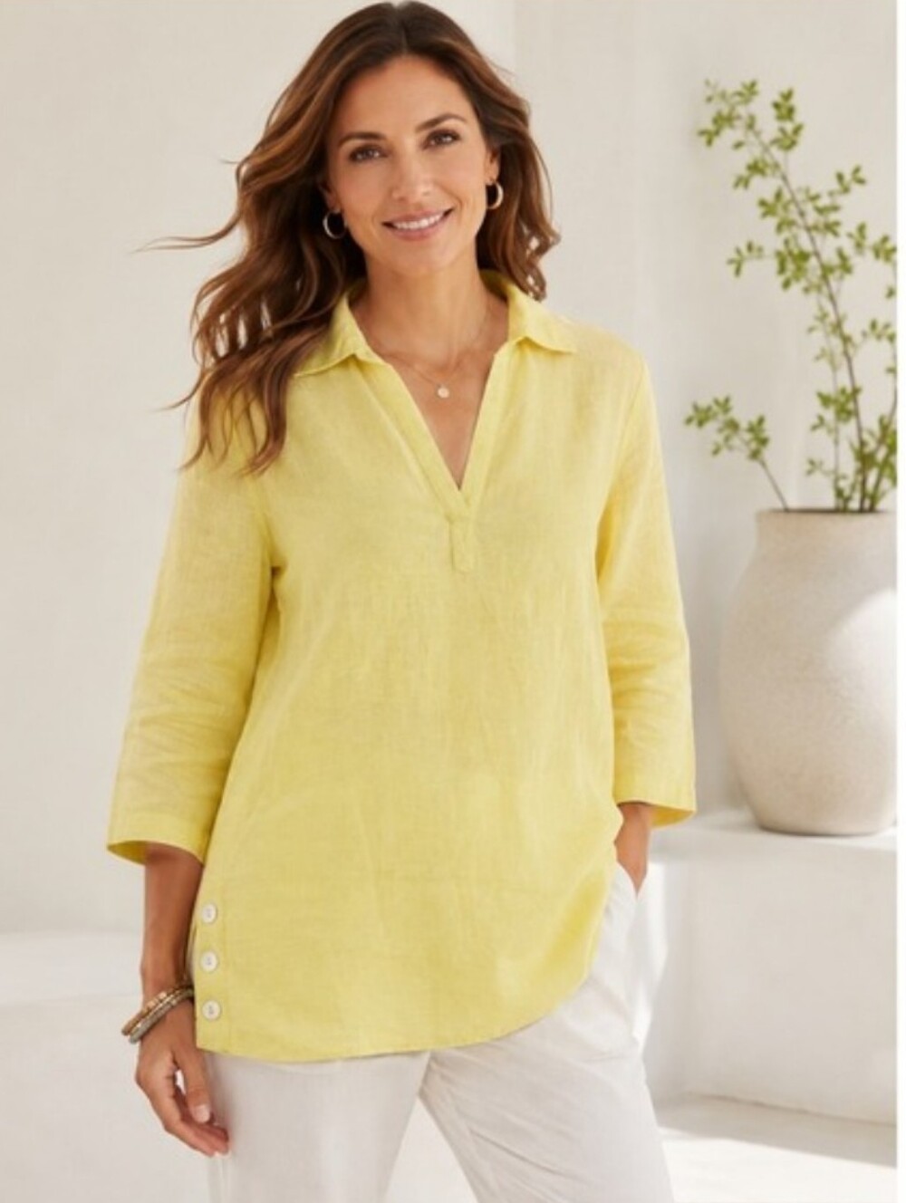 Tahari Button Side Yellow Linen Tunic Top Coastal Langelook.